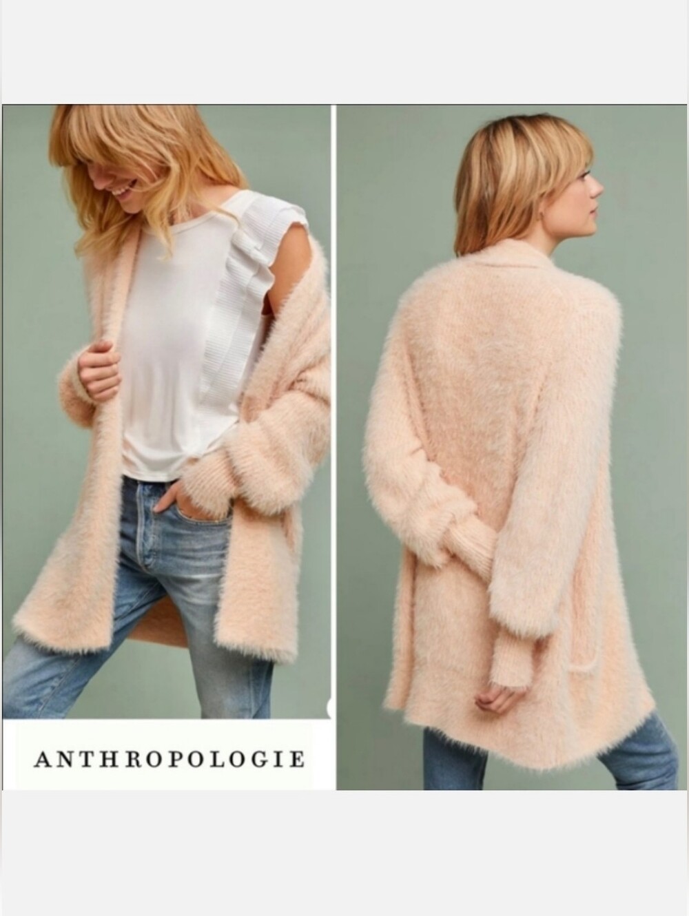 Anthropologie Knitted & Knotted Peach Slouchy Oversized Eyelash Cardigan Size Sm